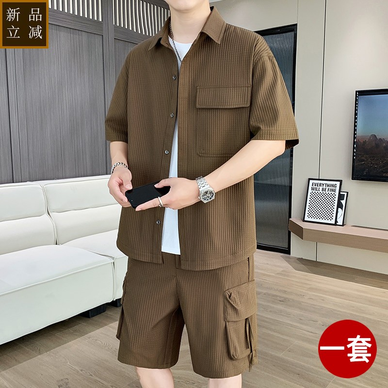 夏季冰丝套装男七分袖衬衫宽松潮流帅气薄款工装短裤男装搭配一套