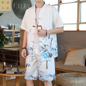 中国风男装夏季中式短袖t恤男士棉麻佛系汉服唐装盘扣衬衫古风仙