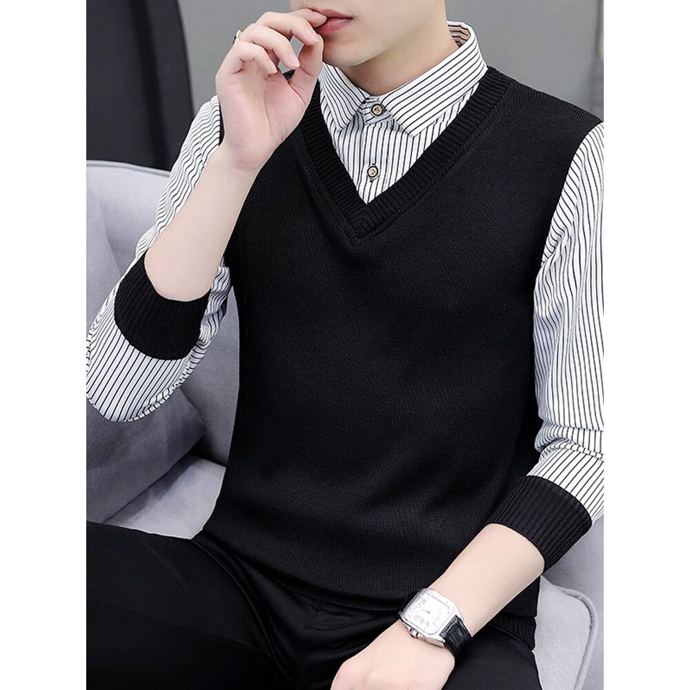 假两件长袖T恤男士春秋季衬衫领秋装上衣内搭休闲体恤针织打底衫