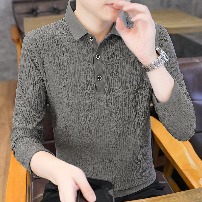 春秋季修身长袖t恤男士带领秋衣男装潮上衣服青年褶皱翻领polo衫