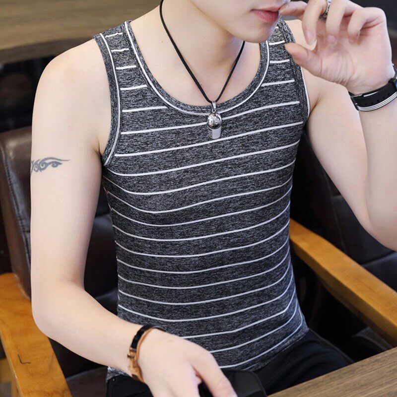 夏季速干透气冰丝男条纹背心潮流潮牌ins坎肩修身男装运动无袖T恤