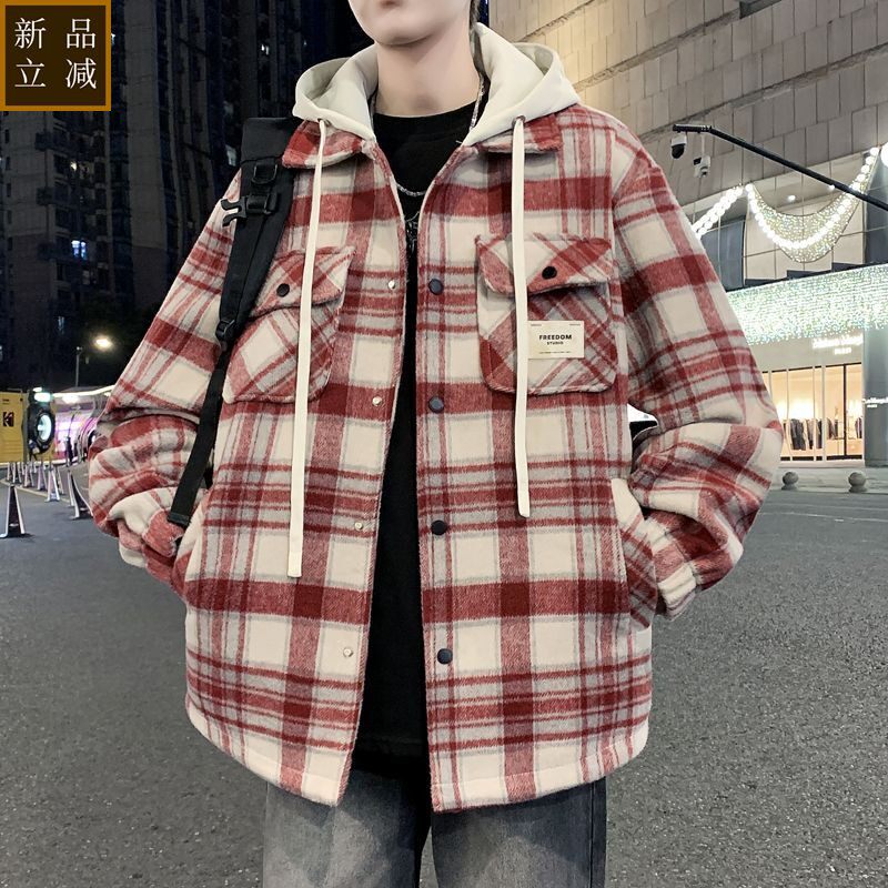 品质春秋季男生可脱卸帽格子外套男时尚百搭潮流宽松毛呢学生夹克