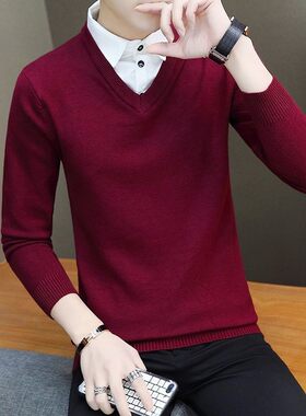 品质衬衣领假两件毛衣男士韩版秋冬季潮流针织假领加绒加厚内搭打