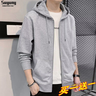 学生运动上衣服休闲纯色加绒加厚外套 春秋季 连帽开衫 卫衣夹克男款
