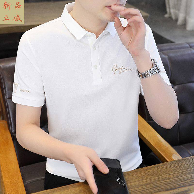 潮流修身翻领半袖体恤休闲简约时尚刺绣POLO衫白色短袖t恤男夏季
