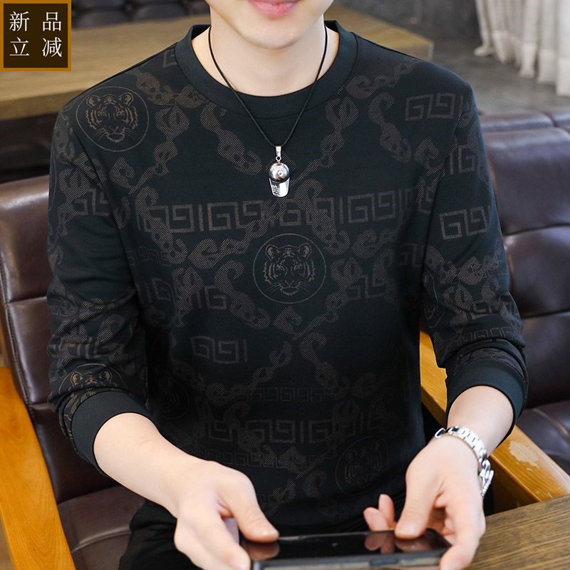 品质春秋卫衣男新款欧货休闲加绒加厚长袖打底衫潮牌圆领青年内搭