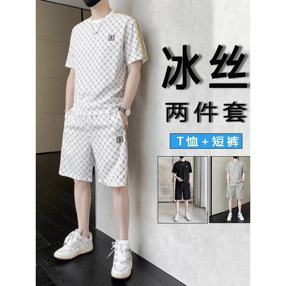 夏季休闲运动短袖套装男士冰丝速干一套时尚搭配欧版短裤男两件套