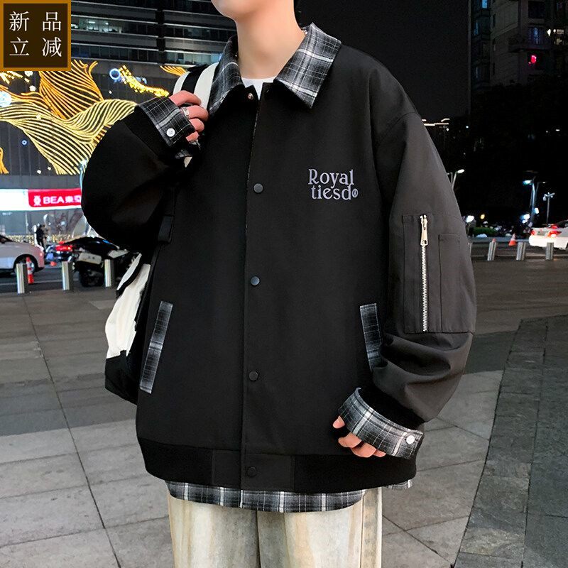 品质青少年格子外套男生潮流春季痞帅气休闲春装宽松个性翻领夹克