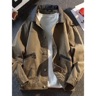 复古撞色拼接纯棉翻领工装 美式 夹克 新款 高级感重磅牛仔外套男秋季