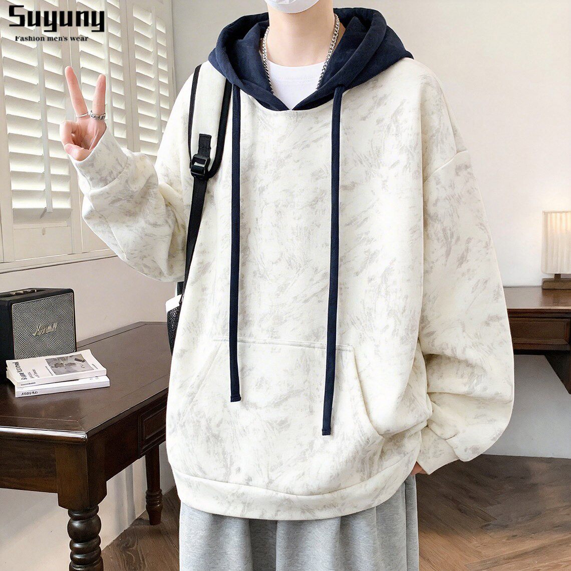 美式扎染连帽卫衣男初中学生宽松休闲潮牌上衣外套春秋季2026新款