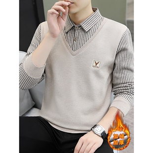 假两件卫衣男士秋冬季新款衬衫领打底衫男款加绒加厚保暖内搭衣服