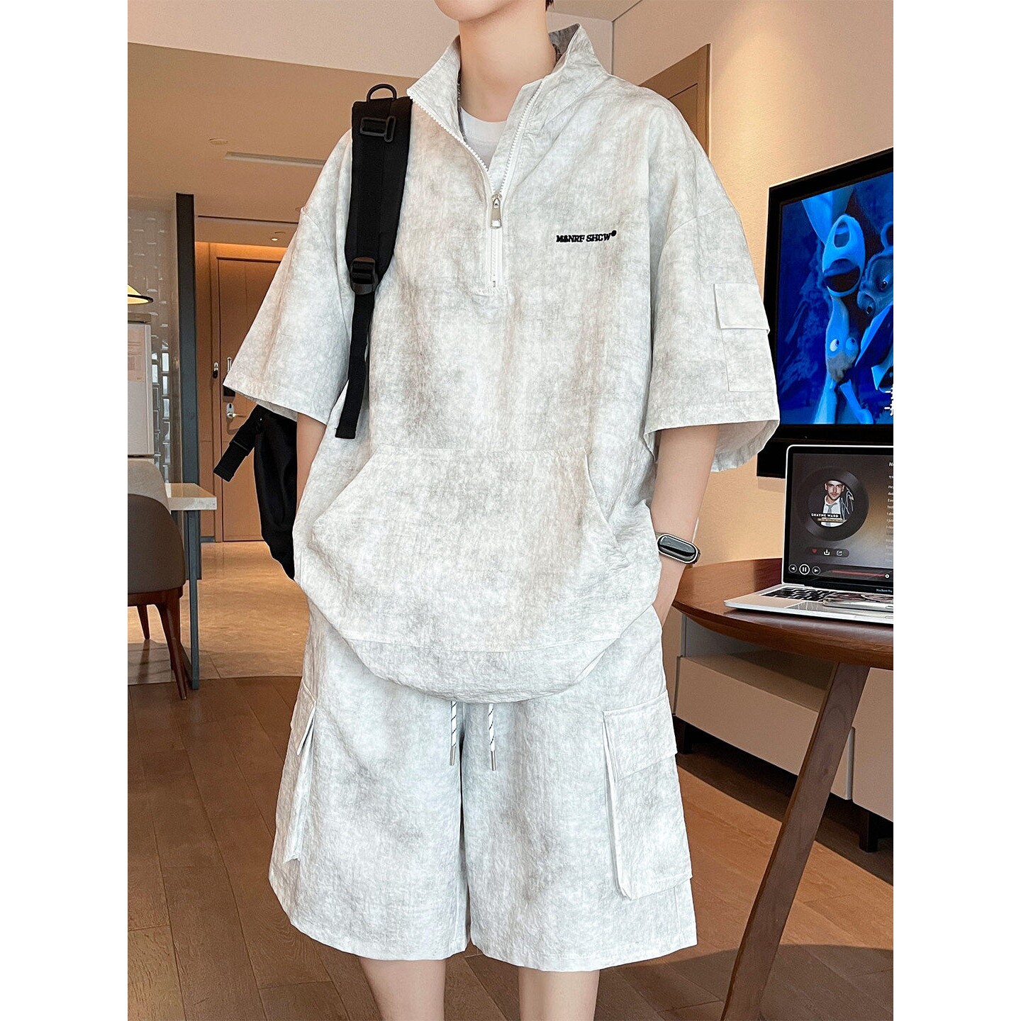 半拉链扎染复古运动套装男夏季休闲搭配五分短袖短裤酷帅防晒衣服