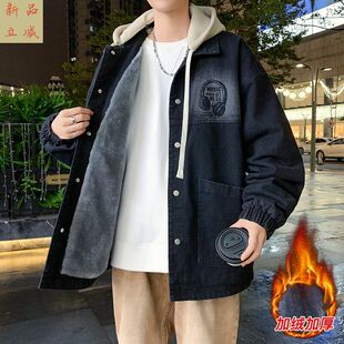 可脱卸连帽休闲宽松复古夹克2026秋季衬衫上衣黑色印花牛仔外套男