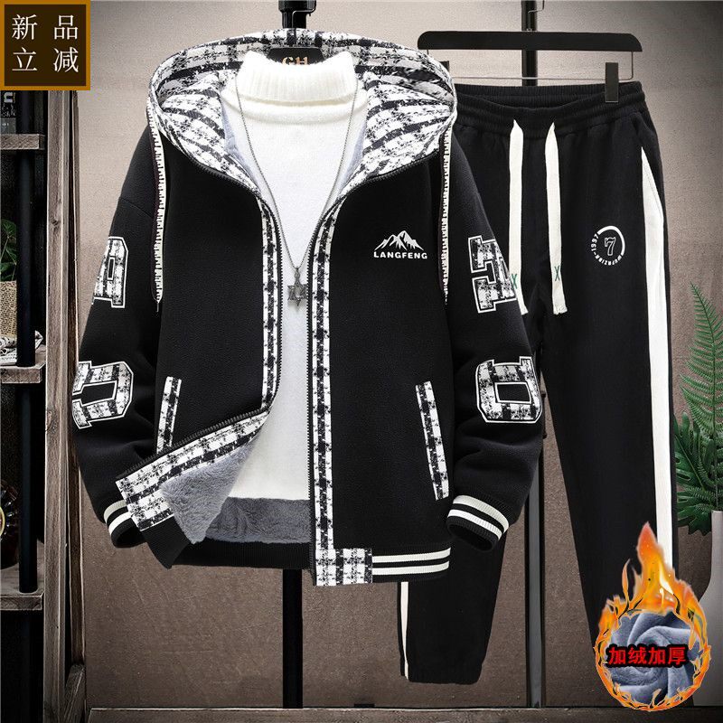 品质套装男冬季奥利绒棉袄外套青少年加绒加厚棒球服连帽棉衣两件