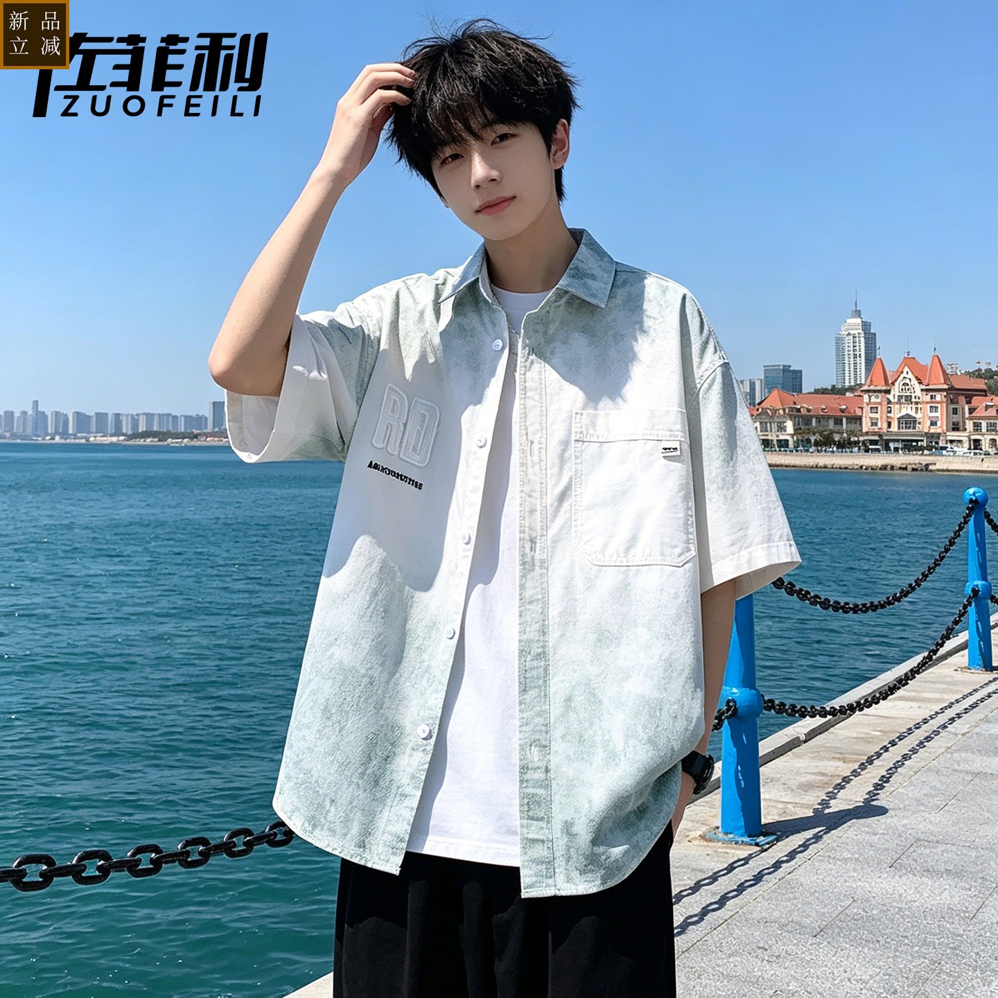 纯棉短袖衬衫男夏季新款扎染刺绣半袖衬衣男海边度假休闲寸衫外套