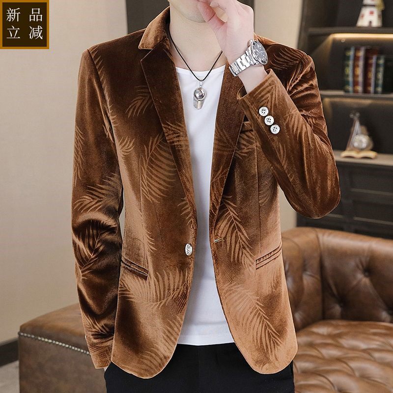 品质金丝绒西装男春秋季印花新款高级西服男士休闲单西韩版小西装