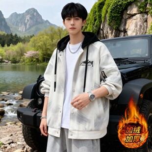 加绒外套男春秋冬季新款美式风廓形衣服痞帅连帽青少年刺绣夹克男
