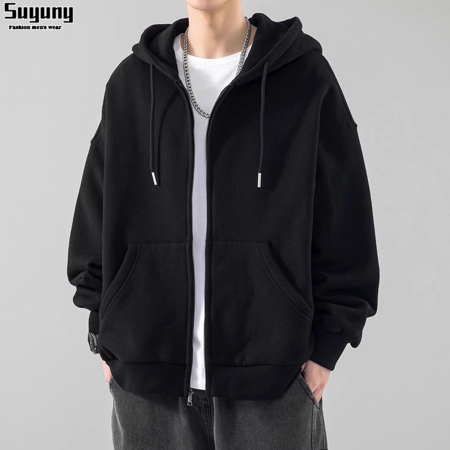 春秋季日系简约纯色开衫卫衣上衣宽松初中学生连帽衫早秋男款外套