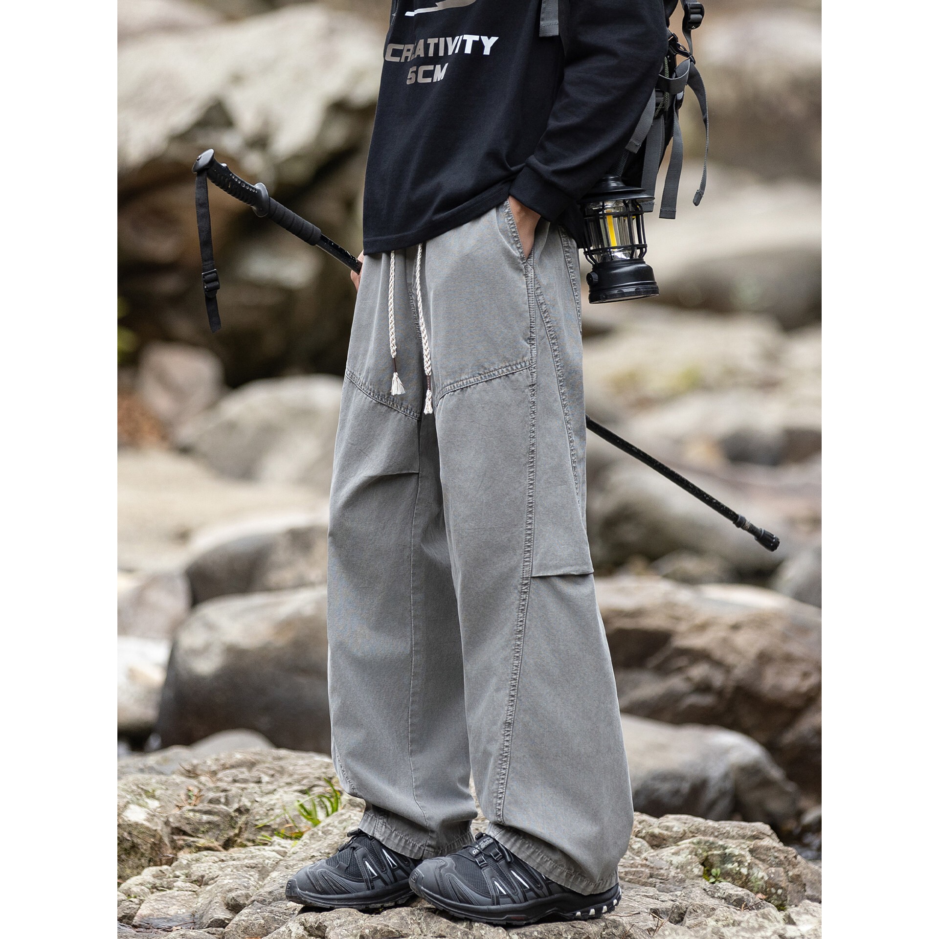 纯棉工装休闲长裤男春秋款宽松直筒裤子男士设计感痞帅阔腿运动裤