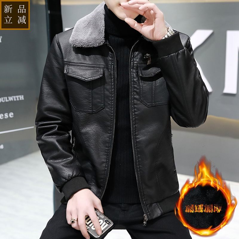 品质冬季新款男士皮衣加绒加厚PU外套青少年修身羊羔绒皮夹克保暖