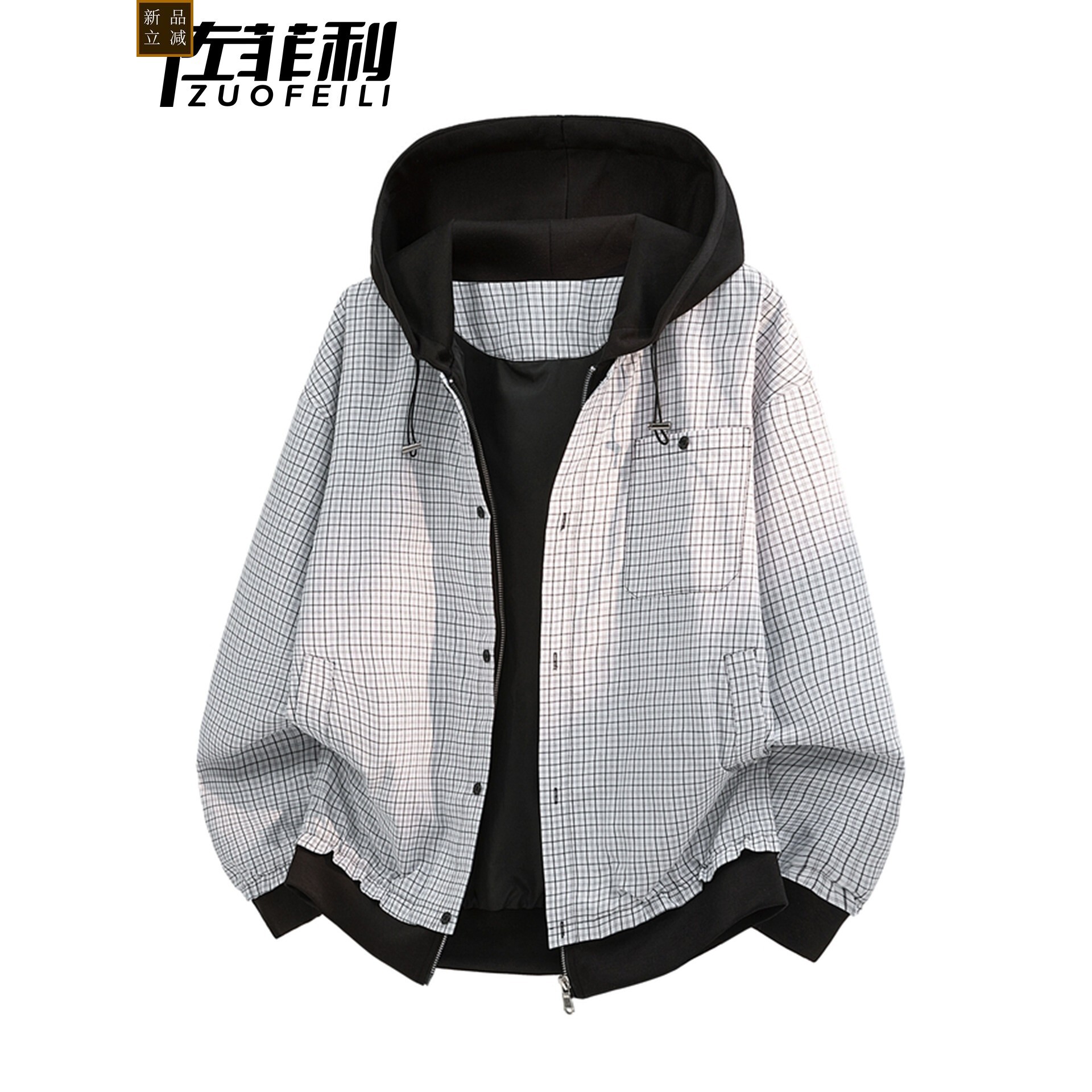 细格纹夹克男春秋季2026新款连帽美式风衣服青少年假两件潮流外套