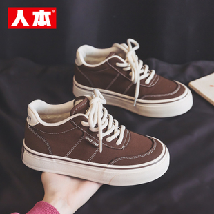 人本加绒帆布鞋女款2025新款冬季百搭中帮学生板鞋厚底保暖棉鞋女