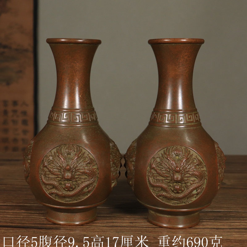 复古黄铜龙纹花瓶摆件