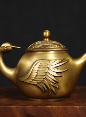 黄铜仙鹤茶壶浮雕创意茶具家居办公会客茶几装饰桌面摆件铜工艺品