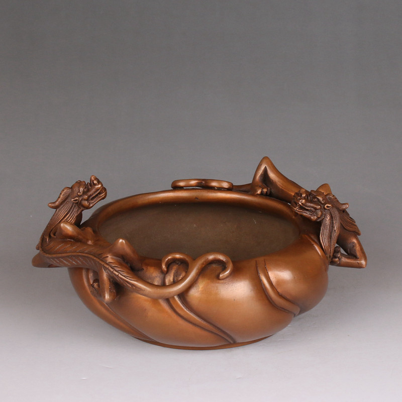 紫铜螭龙耳双耳熏香炉水盂盘螭烟灰缸书房办公室桌面摆设工艺品