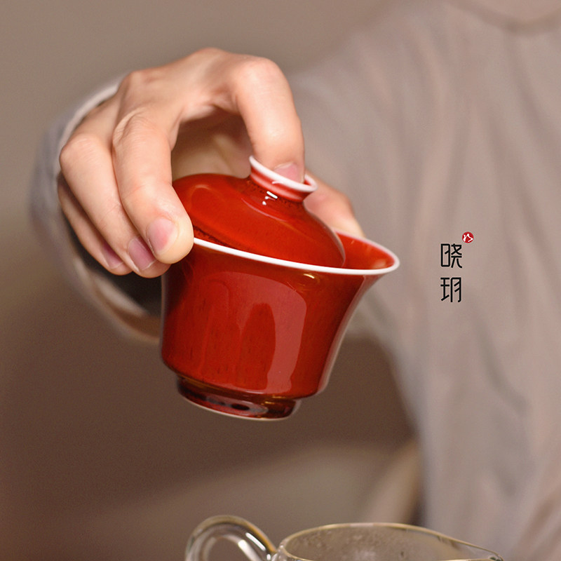 【晓玥】一物一拍·柴窑郎红马蹄盖碗油润中国红天然铜红釉三才碗
