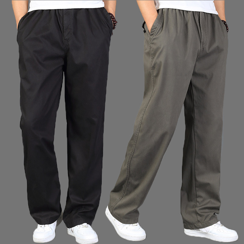 秋冬季松紧腰休闲长裤男宽松直筒加肥加大工装裤户外纯棉大码男裤