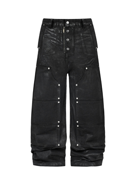 ANTIDOTE牛仔帆布做旧刷蜡排扣双膝休闲工装裤铆钉拼接弯刀阔腿裤