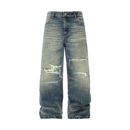 泼墨阔腿裤 ANTIDOTE豹纹拼接贴布15盎司重磅水洗破洞牛仔裤 男美式