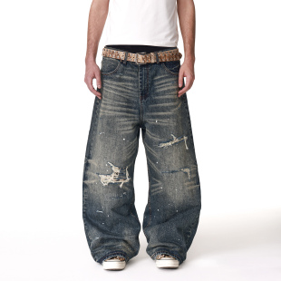 baggy阔腿裤 男美式 子 豹纹贴布15盎司重磅泼墨破洞牛仔裤 ANTIDOTE
