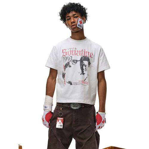 ANTIDOTE 北野武人像磨损做旧印花复古T恤小领口短宽松休闲短袖男