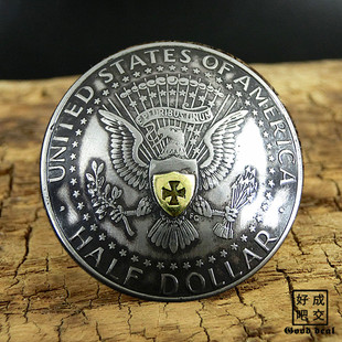手工定制复古养牛50美分银币硬币扣30mm硬币真币财布扣加点金工艺