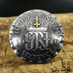 手工定制复古养牛6便士银币19mm老银币硬币真币财布扣24K纯金点金