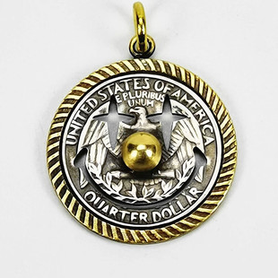 原创美国25美分（幸运币）真硬币手工边框包边吊坠项链复古金银色