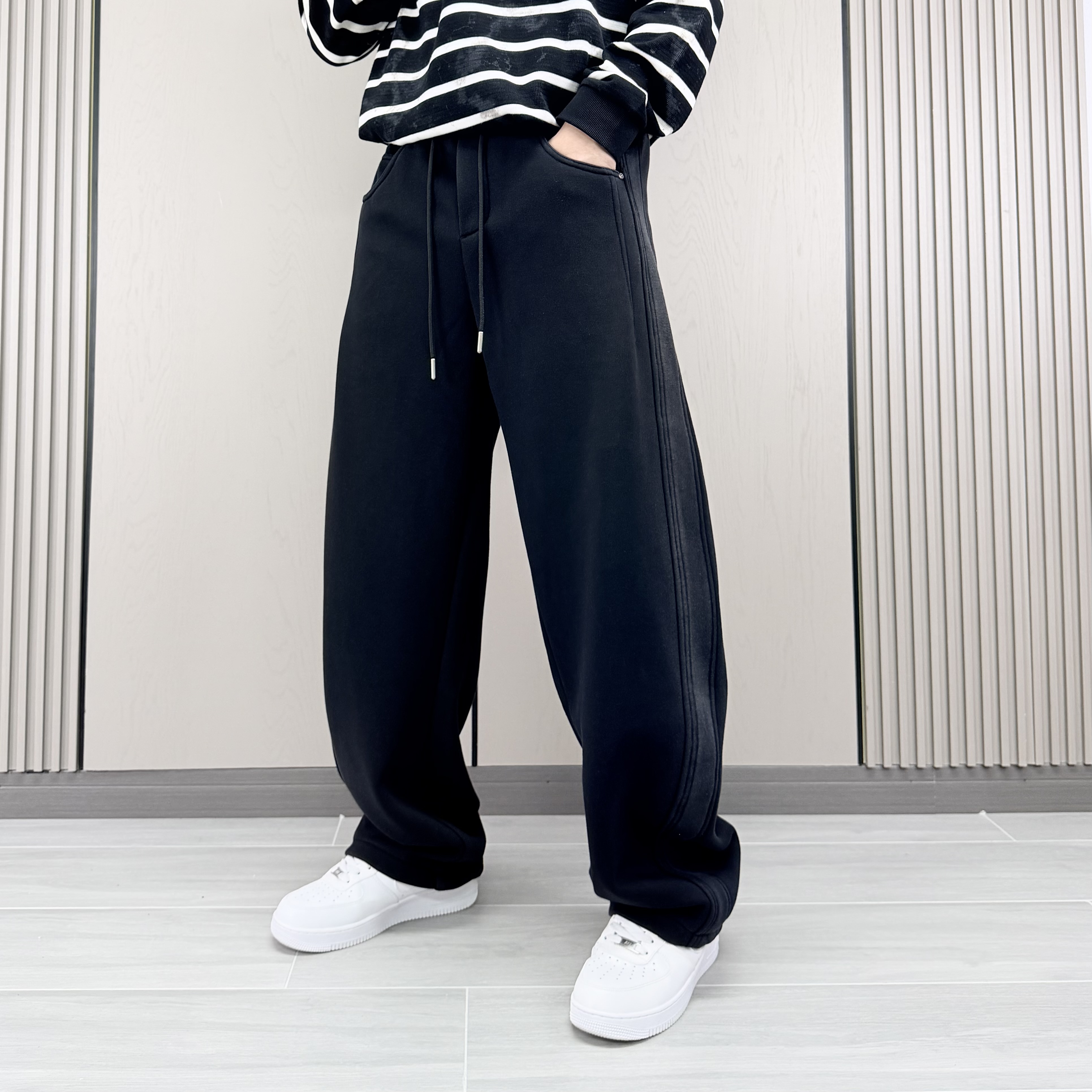 美式复古重磅加绒卫裤男秋冬