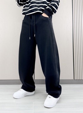梅一天美式复古重磅加绒卫裤男秋冬新款宽松百搭直筒休闲长裤子潮