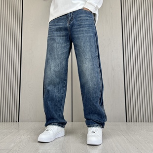 美式 宽松百搭直筒水洗长裤 复古蓝色牛仔裤 新款 男25春季 梅一天时尚