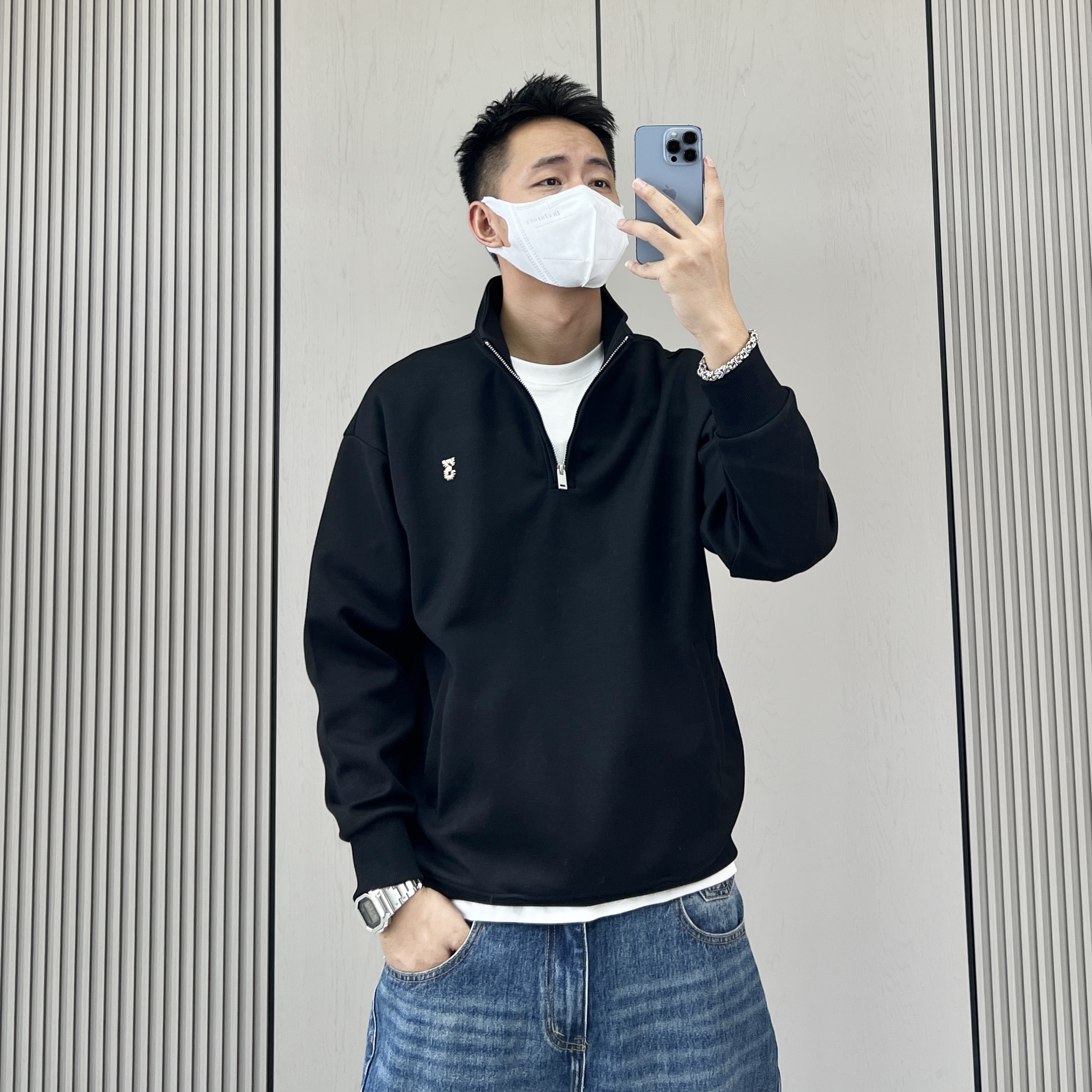 简约刺绣立领卫衣休闲运动半拉链