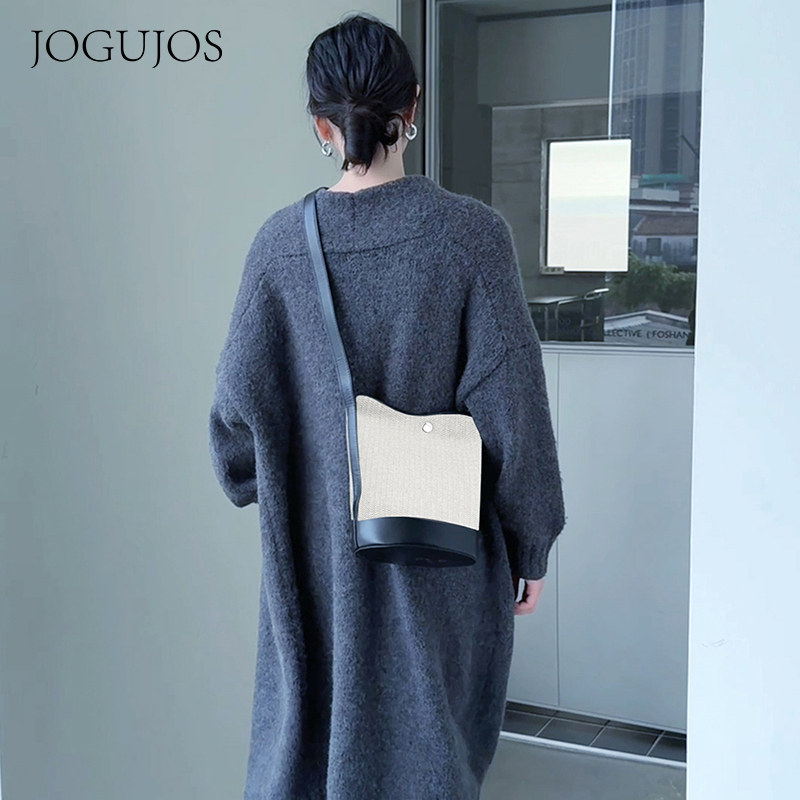 新款小众设计时尚拼色真皮水桶包 清新杏色通勤百搭单肩斜挎包女
