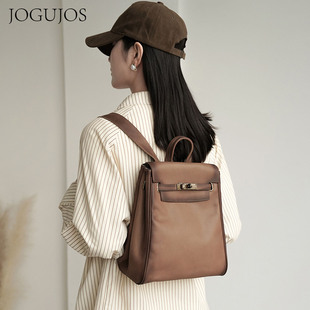 复古真皮双肩包女 高级感凯莉背包轻奢头层牛皮旅行背包便携书包