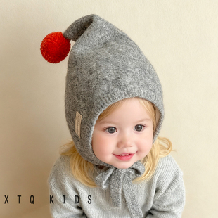 儿童护耳帽子冬季韩版毛线帽系绳女宝宝洋气精灵帽男童套头针织帽