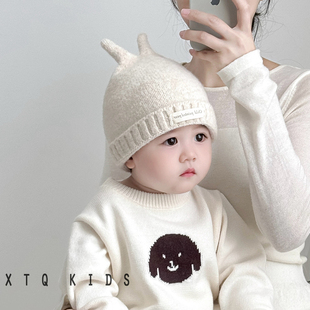 宝宝毛线帽秋冬可爱超萌触角婴幼儿童套头针织帽2025新款小月龄潮