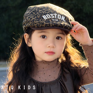 韩版豹纹贝雷帽儿童男女童字母短檐女宝宝前进帽子显脸小遮阳春秋