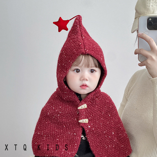 儿童帽子围巾一体披肩帽秋冬季洋气红色毛线针织帽女宝宝斗篷帽潮