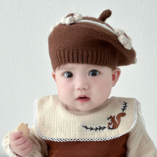 宝宝贝雷帽秋冬款女宝小花公主帽百搭小月龄毛线帽婴儿针织帽子潮
