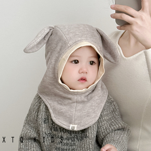 宝宝帽子围巾一体帽冬季保暖防风护耳帽小月龄男女童兔耳朵连体帽